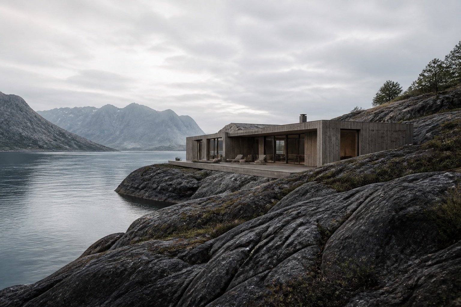 Provisorisk arkitekturbilde av et trehus ved en fjord