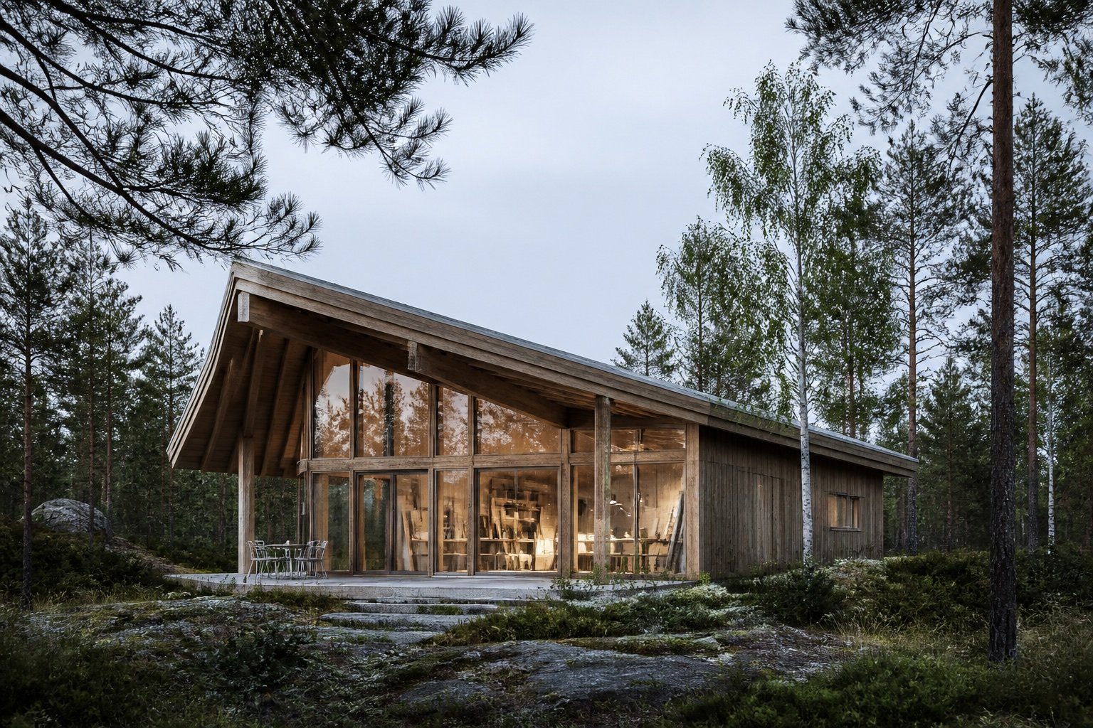 Provisorisk arkitekturbilde av et atelier i skogen
